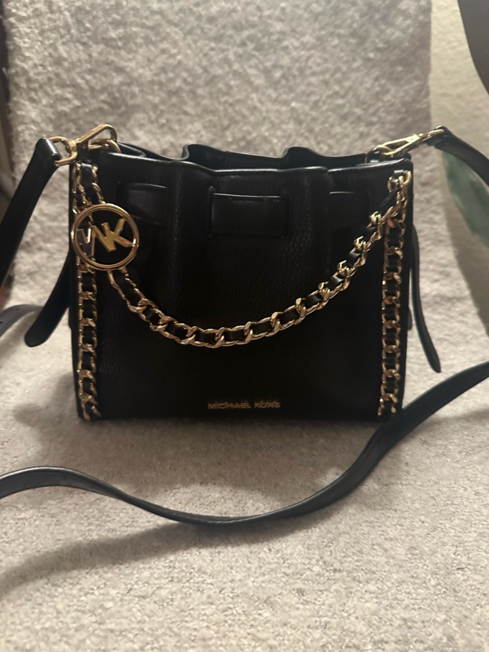 Michael Kors Black Leather Mini Shoulder Bag with Gold Chain Trim